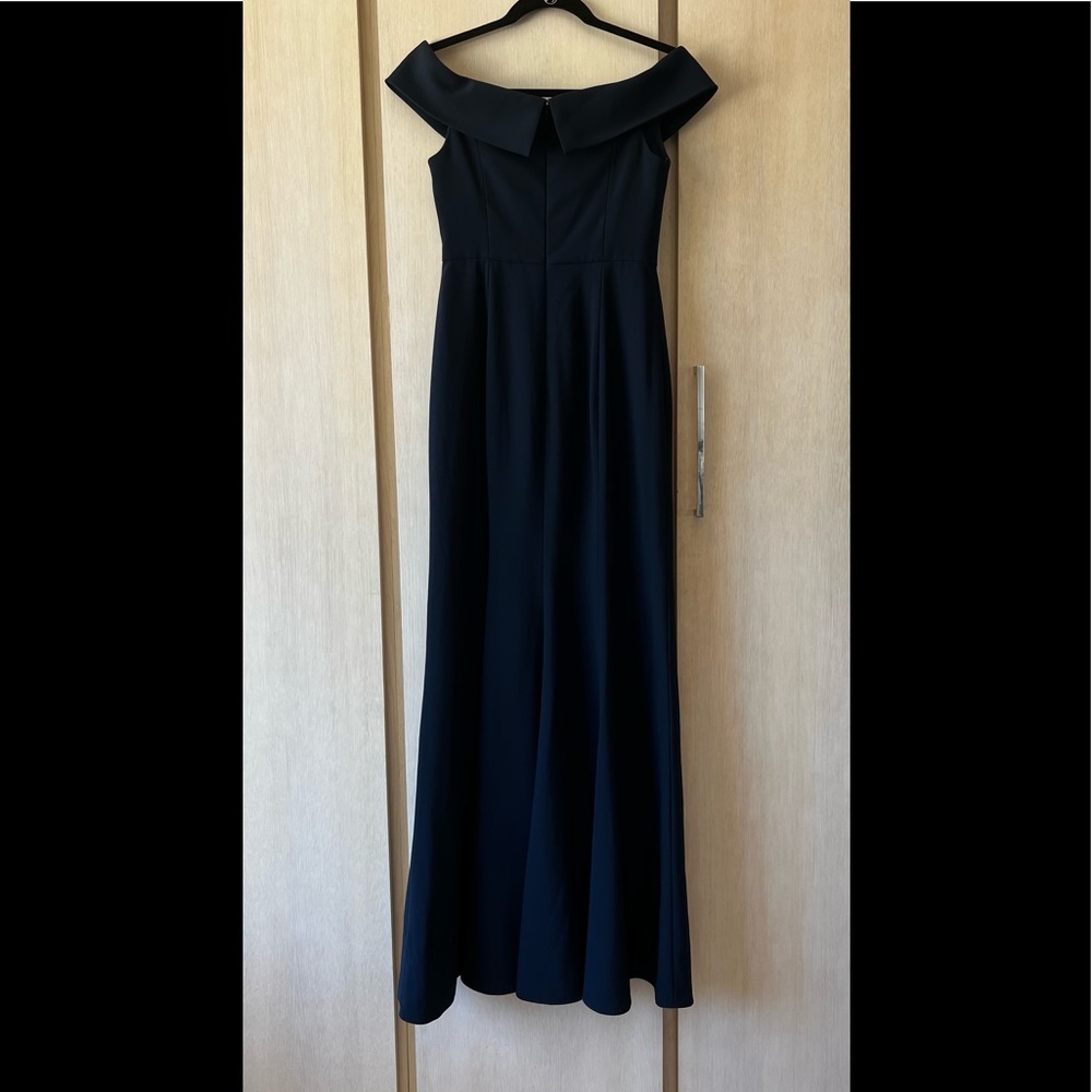 Dessy Collection Navy Midnight Blue Off Shoulder V Notch Formal Gown New
